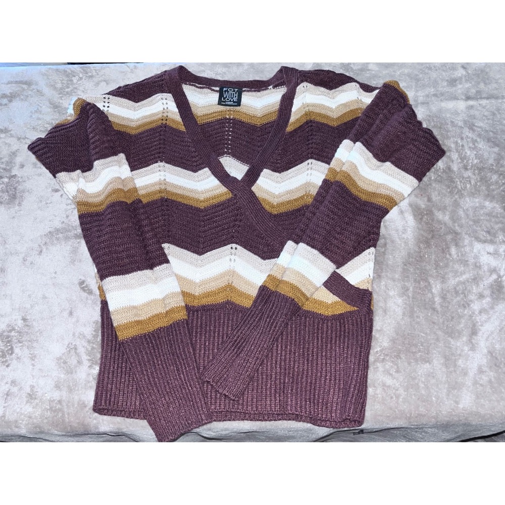 FCT With Love Womens Chevron V-Neck Knit Sweater Purple Gold Zig Zag Large